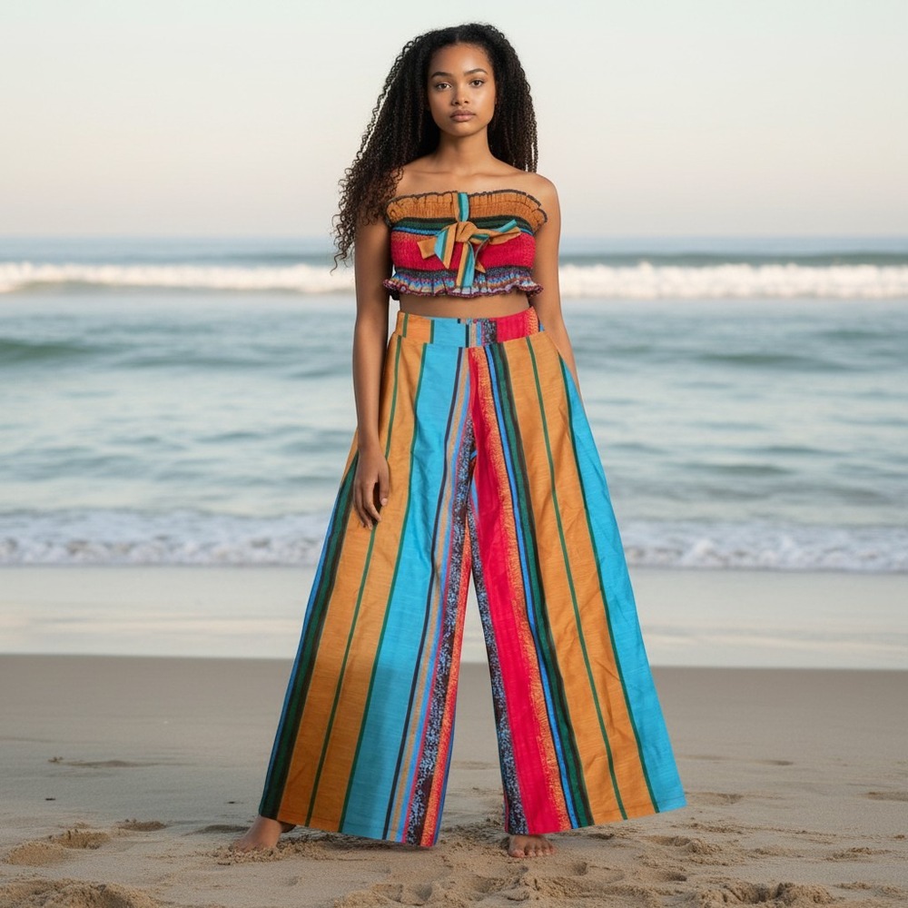 Mica's Boho Striped 3 Piece Set Smocked Tube Top & Wide Leg Pants Small NWT